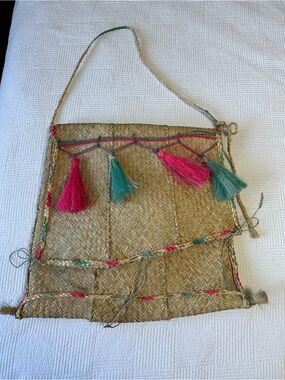 Artisan Straw Tote with Pink and Teal Tassels